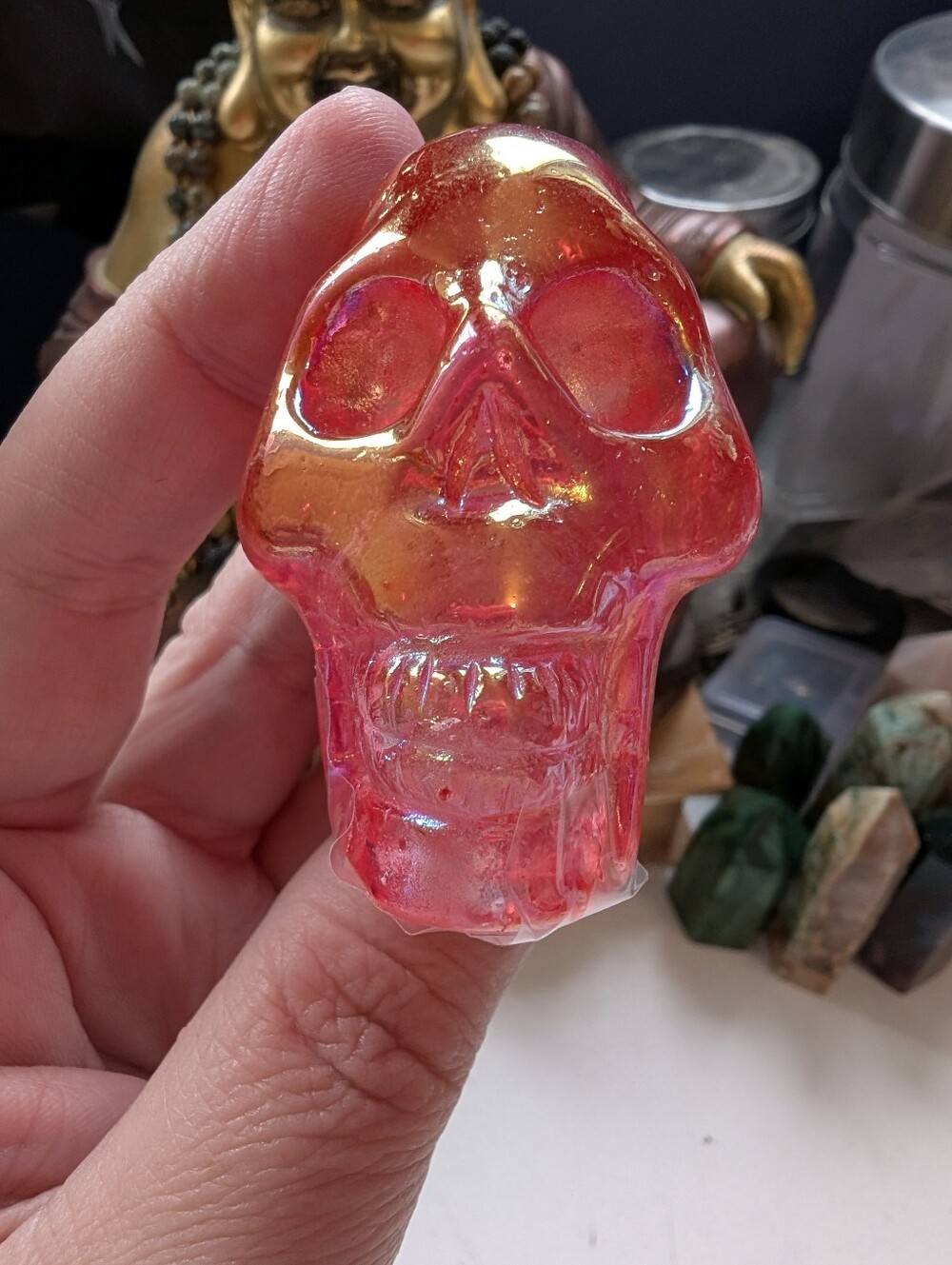 Hand Carved Pink Aura Quartz Crystal Skull (A)
